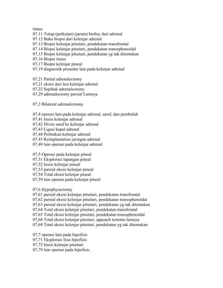 timus
07.11 Tutup (perkutan) (jarum) biobsy dari adrenal
07.12 Buka biopsi dari kelenjar adrenal
07.13 Biopsi kelenjar pituitari, pendekatan transfrontal
07.14 Biopsi kelenjar pituitari, pendekatan transsphenoidal
07,15 Biopsi kelenjar pituitari, pendekatan yg tak ditentukan
07,16 Biopsi timus
07,17 Biopsi kelenjar pineal
07,19 diagnostik prosedur lain pada kelenjar adrenal
07,21 Partial adrenalectomy
07,21 eksisi dari lesi kelenjar adrenal
07,22 Sepihak adrenalectomy
07,29 adrenalectomy parsial Lainnya
07,3 Bilateral adrenalectomy
07,4 operasi lain pada kelenjar adrenal, saraf, dan pembuluh
07,41 Insisi kelenjar adrenal
07,42 Divisi saraf ke kelenjar adrenal
07,43 Ligasi kapal adrenal
07,44 Perbaikan kelenjar adrenal
07.45 Reimplantation jaringan adrenal
07,49 lain operasi pada kelenjar adrenal
07,5 Operasi pada kelenjar pineal
07,51 Eksplorasi lapangan pineal
07,52 Insisi kelenjar pineal
07,53 parsial eksisi kelenjar pineal
07,54 Total eksisi kelenjar pineal
07,59 lain operasi pada kelenjar pineal
07,6 Hypophysectomy
07,61 parsial eksisi kelenjar pituitari, pendekatan transfrontal
07,62 parsial eksisi kelenjar pituitari, pendekatan transsphenoidal
07,63 parsial eksisi kelenjar pituitari, pendekatan yg tak ditentukan
07,64 Total eksisi kelenjar pituitari, pendekatan transfrontal
07,65 Total eksisi kelenjar pituitari, pendekatan transsphenoidal
07,68 Total eksisi kelenjar pituitari, appoach tertentu lainnya
07,69 Total eksisi kelenjar pituitari, pendekatan yg tak ditentukan
07,7 operasi lain pada hipofisis
07,71 Eksplorasi fosa hipofisis
07,72 Insisi kelenjar pituitari
07,79 lain operasi pada hipofisis
 
