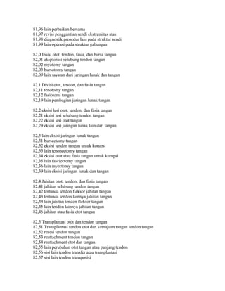 81,96 lain perbaikan bersama
81,97 revisi penggantian sendi ekstremitas atas
81,98 diagnostik prosedur lain pada struktur sendi
81,99 lain operasi pada struktur gabungan
82,0 Insisi otot, tendon, fasia, dan bursa tangan
82,01 eksplorasi selubung tendon tangan
82,02 myotomy tangan
82,03 bursotomy tangan
82,09 lain sayatan dari jaringan lunak dan tangan
82.1 Divisi otot, tendon, dan fasia tangan
82,11 tenotomy tangan
82,12 fasiotomi tangan
82,19 lain pembagian jaringan lunak tangan
82,2 eksisi lesi otot, tendon, dan fasia tangan
82,21 eksisi lesi selubung tendon tangan
82,22 eksisi lesi otot tangan
82,29 eksisi lesi jaringan lunak lain dari tangan
82,3 lain eksisi jaringan lunak tangan
82,31 bursectomy tangan
82,32 eksisi tendon tangan untuk korupsi
82,33 lain tenonectomy tangan
82,34 eksisi otot atau fasia tangan untuk korupsi
82,35 lain fasciectomy tangan
82,36 lain myectomy tangan
82,39 lain eksisi jaringan lunak dan tangan
82,4 Jahitan otot, tendon, dan fasia tangan
82,41 jahitan selubung tendon tangan
82,42 tertunda tendon fleksor jahitan tangan
82,43 tertunda tendon lainnya jahitan tangan
82,44 lain jahitan tendon fleksor tangan
82,45 lain tendon lainnya jahitan tangan
82,46 jahitan atau fasia otot tangan
82,5 Transplantasi otot dan tendon tangan
82,51 Transplantasi tendon otot dan kemajuan tangan tendon tangan
82,52 resesi tendon tangan
82,53 reattachment tendon tangan
82,54 reattachment otot dan tangan
82,55 lain perubahan otot tangan atau panjang tendon
82,56 sisi lain tendon transfer atau transplantasi
82,57 sisi lain tendon transposisi
 
