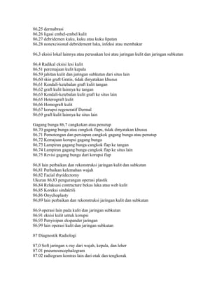 86,25 dermabrasi
86,26 ligasi embel-embel kulit
86,27 debridemen kuku, kuku atau kuku lipatan
86,28 nonexcisional debridement luka, infeksi atau membakar
86,3 eksisi lokal lainnya atau perusakan lesi atau jaringan kulit dan jaringan subkutan
86,4 Radikal eksisi lesi kulit
86,51 peremajaan kulit kepala
86,59 jahitan kulit dan jaringan subkutan dari situs lain
86,60 skin graft Gratis, tidak dinyatakan khusus
86,61 Kendali-ketebalan graft kulit tangan
86,62 graft kulit lainnya ke tangan
86,63 Kendali-ketebalan kulit graft ke situs lain
86,65 Heterograft kulit
86,66 Homograft kulit
86,67 korupsi regeneratif Dermal
86,69 graft kulit lainnya ke situs lain
Gagang bunga 86,7 cangkokan atau penutup
86,70 gagang bunga atau cangkok flaps, tidak dinyatakan khusus
86,71 Pemotongan dan persiapan cangkok gagang bunga atau penutup
86,72 Kemajuan korupsi gagang bunga
86,73 Lampiran gagang bunga cangkok flap ke tangan
86,74 Lampiran gagang bunga cangkok flap ke situs lain
86,75 Revisi gagang bunga dari korupsi flap
86,8 lain perbaikan dan rekonstruksi jaringan kulit dan subkutan
86,81 Perbaikan kelemahan wajah
86,82 Facial rhytidectomy
Ukuran 86,83 pengurangan operasi plastik
86,84 Relaksasi contracture bekas luka atau web kulit
86,85 Koreksi sindaktili
86,86 Onychoplasty
86,89 lain perbaikan dan rekonstruksi jaringan kulit dan subkutan
86,9 operasi lain pada kulit dan jaringan subkutan
86,91 eksisi kulit untuk korupsi
86,93 Penyisipan ekspander jaringan
86,99 lain operasi kulit dan jaringan subkutan
87 Diagnostik Radiologi
87,0 Soft jaringan x-ray dari wajah, kepala, dan leher
87.01 pneumoencephalogram
87.02 radiogram kontras lain dari otak dan tengkorak
 