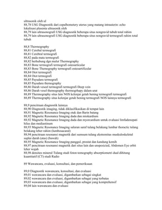 ultrasonik oleh ul
88,78 USG Diagnostik dari cepalhometery uterus yang matang intrauterin: echo
lokalisasi plasenta ultrasonik oleh
88,79 lain ultrasonografi USG diagnostik beberapa situs nongravid tubuh total rahim
88,79 lain ultrasonografi USG diagnostik beberapa situs nongravid termografi rahim total
tubuh
88,8 Thermography
88,81 Cerebal termografi
88,81 Cerebral termografi
88,82 pada mata termografi
88,82 berhubung dgn mulut Thermography
88,83 Bone termografi termografi osteoarticular
88,83 Bone Themography termografi osteoartificular
88,84 Otot termografi
88,84 Otot termografi
88,85 Payudara termografi
88,85 Payudara themography
88,86 Darah veseel termografi termografi Deep vein
88,86 Darah vesel themography thermogrhapy dalam urat
88,89 Thermography situs lain NOS kelenjar getah bening termografi termografi
88,89 Thermography situs kelenjar getah bening termografi NOS lainnya termografi
88,9 pencitraan diagnostik lainnya
88,90 Diagnostik imaging, tidak diklasifikasikan di tempat lain
88,91 Magnetic Resonance Imaging otak dan Barin batang
88,92 Magnetic Resonance Imaging dada dan miokardium
88,92 Magnetic Resonance Imaging dada dan myorcardium untuk evaluasi limfadenopati
hilus dan mediastinum
88,93 Magnetic Resonance Imaging saluran saraf tulang belakang lumbar thoractic tulang
belakang leher rahim (lumbosacaral)
88,94 pencitraan resonansi magnetik dari sumsum tulang ekstremitas muskuloskeletal
suplai darah (atas) (bawah)
88,95 Magnetic Resonance Imaging panggul, prostat dan kandung kemih
88,97 pencitraan resonansi magnetik dari situs lain dan unspesicied, Abdomen Eye orbit
leher wajah
88,98 densites mineral Tulang studi foton tomography absorptiometri dual dihitung
kuantitatif (CT) studi Radio
89 Wawancara, evaluasi, konsultasi, dan pemeriksaan
89,0 Diagnostik wawancara, konsultasi, dan evaluasi
89,01 wawancara dan evaluasi, digambarkan sebagai singkat
89,02 wawancara dan evaluasi, digambarkan sebagai yang terbatas
89,03 wawancara dan evaluasi, digambarkan sebagai yang komprehensif
89,04 lain wawancara dan evaluasi
 