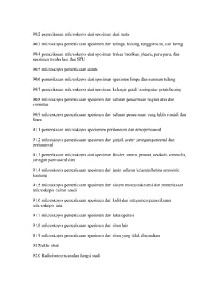 90,2 pemeriksaan mikroskopis dari spesimen dari mata
90.3 mikroskopis pemeriksaan spesimen dari telinga, hidung, tenggorokan, dan laring
90,4 pemeriksaan mikroskopis dari spesimen trakea bronkus, pleura, paru-paru, dan
spesimen toraks lain dan SPU
90,5 mikroskopis pemeriksaan darah
90,6 pemeriksaan mikroskopis dari spesimen spesimen limpa dan sumsum tulang
90,7 pemeriksaan mikroskopis dari spesimen kelenjar getah bening dan getah bening
90,8 mikroskopis pemeriksaan spesimen dari saluran pencernaan bagian atas dan
vormitus
90,9 mikroskopis pemeriksaan spesimen dari saluran pencernaan yang lebih rendah dan
feses
91,1 pemeriksaan mikroskopis speciemen peritoneum dan retroperitoneal
91,2 mikroskopis pemeriksaan spesimen dari ginjal, ureter jaringan perirenal dan
periureteral
91,3 pemeriksaan mikroskopis dari spesimen Blader, uretra, prostat, vesikula seminalis,
jaringan perivesical dan
91,4 mikroskopis pemeriksaan spesimen dari janin saluran kelamin betina amnionic
kantung
91,5 mikroskopis pemeriksaan spesimen dari sistem musculaskeletal dan pemeriksaan
mikroskopis cairan sendi
91,6 mikroskopis pemeriksaan spesimen dari kulit dan integumen pemeriksaan
mikroskopis lain:
91.7 mikroskopis pemeriksaan spesimen dari luka operasi
91,8 mikroskopis pemeriksaan spesimen dari situs lain
91,9 mikroskopis pemeriksaan spesimen dari situs yang tidak ditentukan
92 Nuklir obat
92.0 Radioisotop scan dan fungsi studi
 