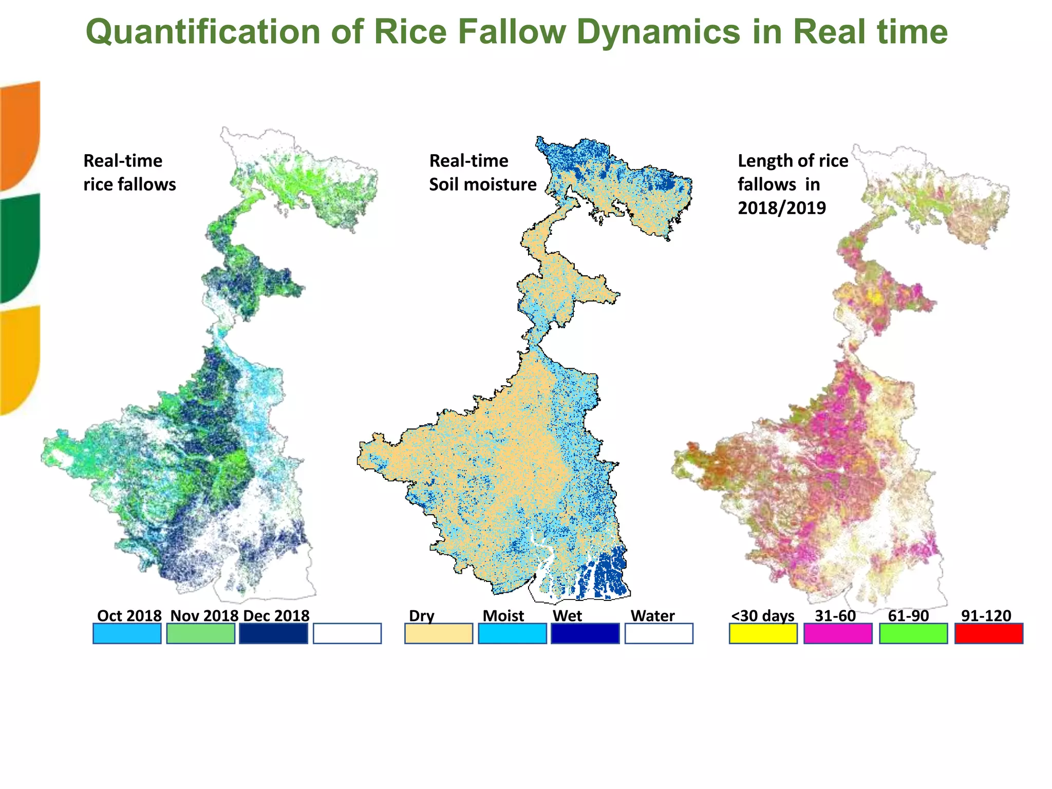 Oct 2018 Nov 2018 Dec 2018 Dry Moist Wet Water
Real-time
rice fallows
Real-time
Soil moisture
Length of rice
fallows in
2018/2019
Quantification of Rice Fallow Dynamics in Real time
<30 days 31-60 61-90 91-120
 