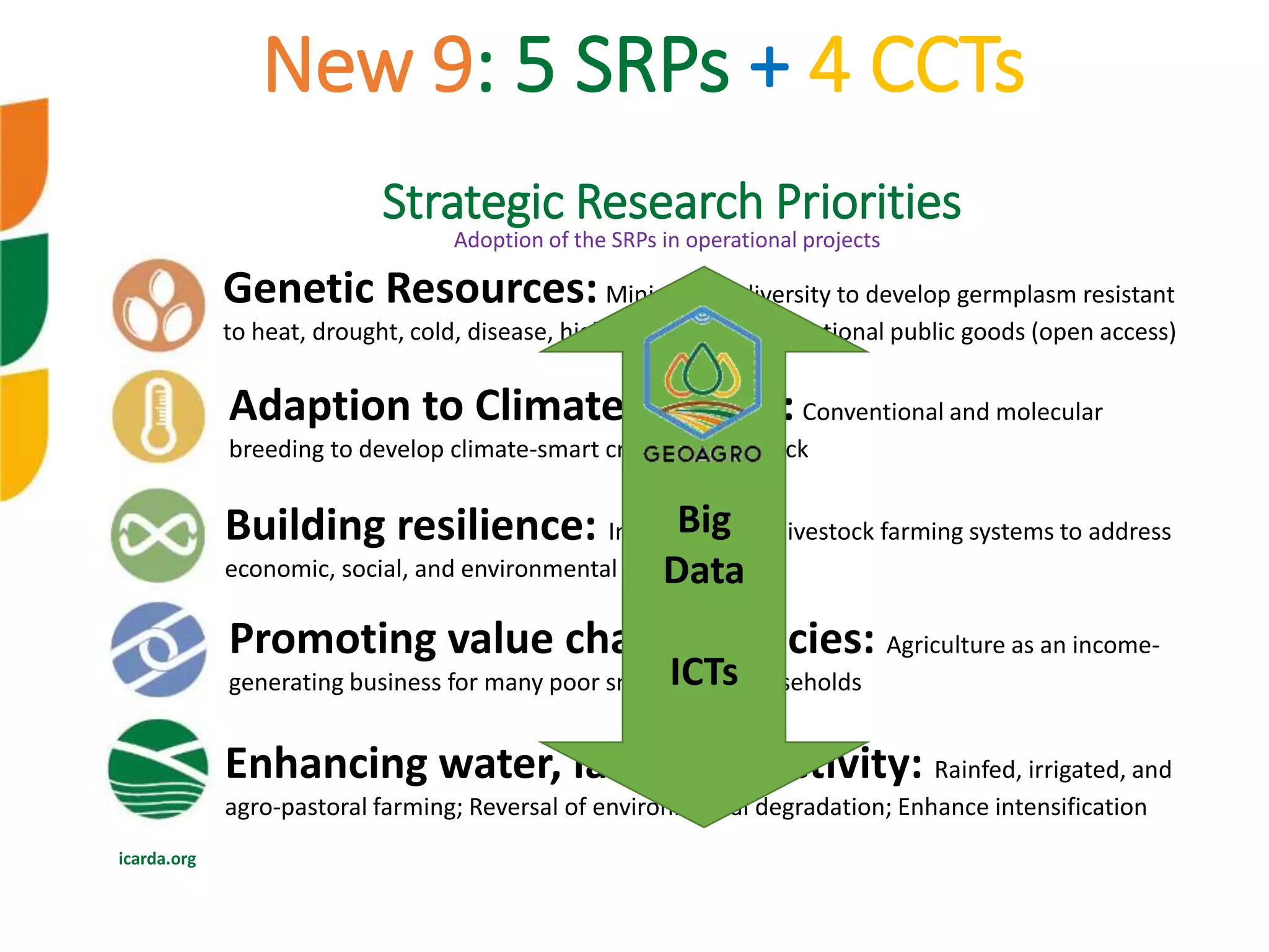 icarda.org
Strategic Research Priorities
Genetic Resources: Mining crop diversity to develop germplasm resistant
to heat, drought, cold, disease, higher nutrients; International public goods (open access)
Adaption to Climate Change: Conventional and molecular
breeding to develop climate-smart crops and livestock
Building resilience: Integrated crop-livestock farming systems to address
economic, social, and environmental conditions
Promoting value chains, policies: Agriculture as an income-
generating business for many poor smallholder households
Enhancing water, land productivity: Rainfed, irrigated, and
agro-pastoral farming; Reversal of environmental degradation; Enhance intensification
Big
Data
ICTs
Adoption of the SRPs in operational projects
New 9: 5 SRPs + 4 CCTs
 