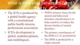 What is difference between ICD and
DSM IV
• The ICD is produced by
a global health agency
with a constitutional
public health mission,
professional association.
• ICD's development is
global, multidisciplinary
and multilingual;.
• WHO's primary focus for the
mental and behavioral
disorders classification is to
help countries to reduce the
disease burden of mental
disorders.
• The primary constituency of
the DSM is U.S. psychiatrists
• The DSM is produced by a
single national
 
