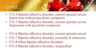 Contd..
• F31.4 Bipolar affective disorder, current episode severe
depression without psychotic symptoms
• F31.5 Bipolar affective disorder, current episode severe
depression with psychotic symptoms
• F31.6 Bipolar affective disorder, current episode mixed
• F31.7 Bipolar affective disorder, currently in remission
• F31.8 Other bipolar affective disorders
• F31.9 Bipolar affective disorder, unspecified
 
