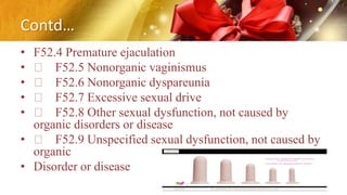 Contd…
• F52.4 Premature ejaculation
• F52.5 Nonorganic vaginismus
• F52.6 Nonorganic dyspareunia
• F52.7 Excessive sexual drive
• F52.8 Other sexual dysfunction, not caused by
organic disorders or disease
• F52.9 Unspecified sexual dysfunction, not caused by
organic
• Disorder or disease
 