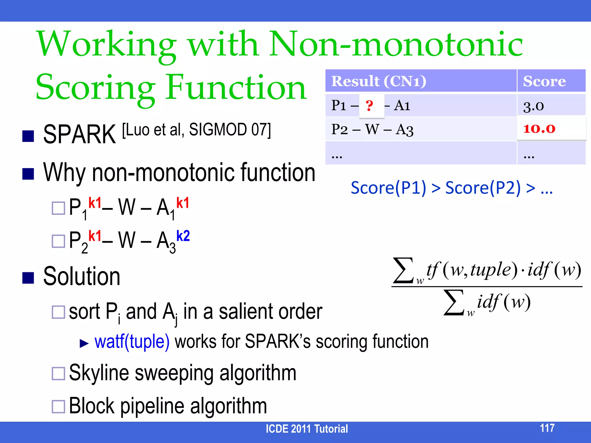 Query Rewriting Using Click Logs [Cheng et al. ICDE 10]Motivation: the availability of query logs can be used to assess “ground truth”Problem definitionInput:query Q, query log, click logOutput: the set of synonyms, hypernyms and hyponyms for Q.E.g.  “Indiana Jones IV”  vs “Indian Jones 4”Key idea: find historical queries whose “ground truth” significantly overlap the top k results of Q, and use them as suggested queriesICDE 2011 Tutorial101