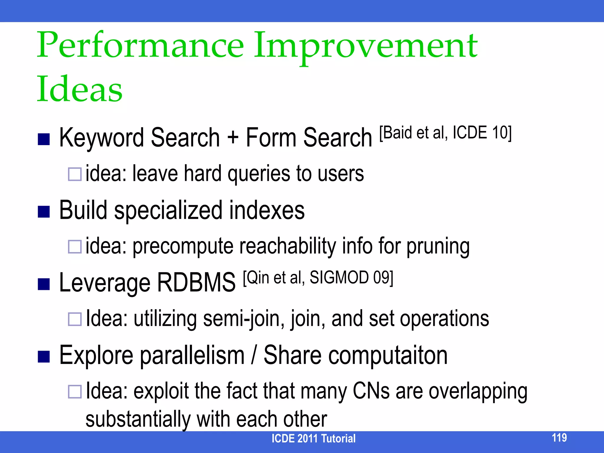 RoadmapMotivationStructural ambiguityKeyword ambiguityEvaluationQuery processingResult analysisFuture directionsICDE 2011 Tutorial103