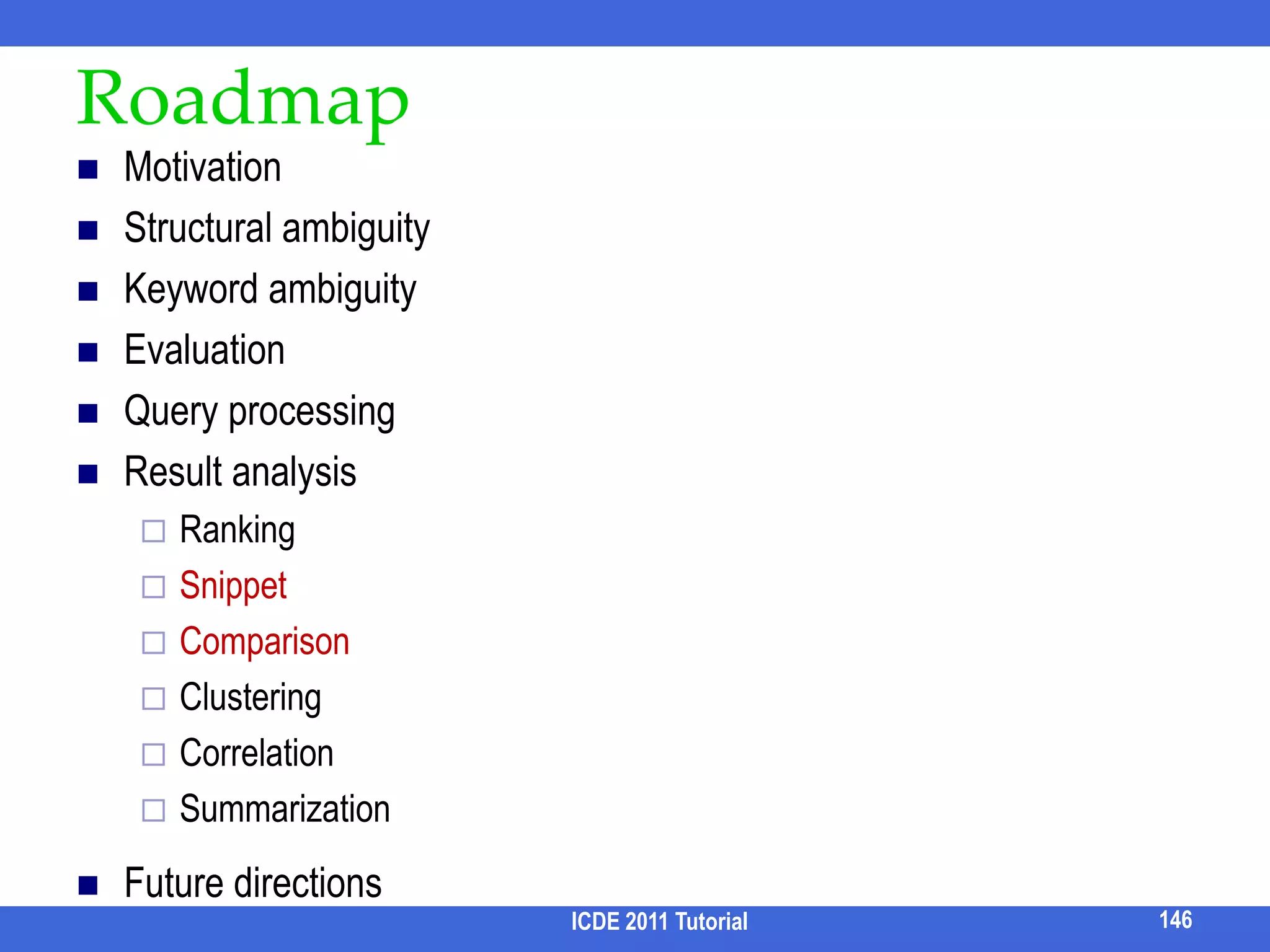 Parallel Query Processing [Qin et al, VLDB 10]Many CNs share common sub-expressionsCapture such sharing in a shared execution graphEach node annotated with its estimated cost7⋈456⋈⋈⋈3⋈⋈⋈21CQPQUPCQPQ130ICDE 2011 Tutorial