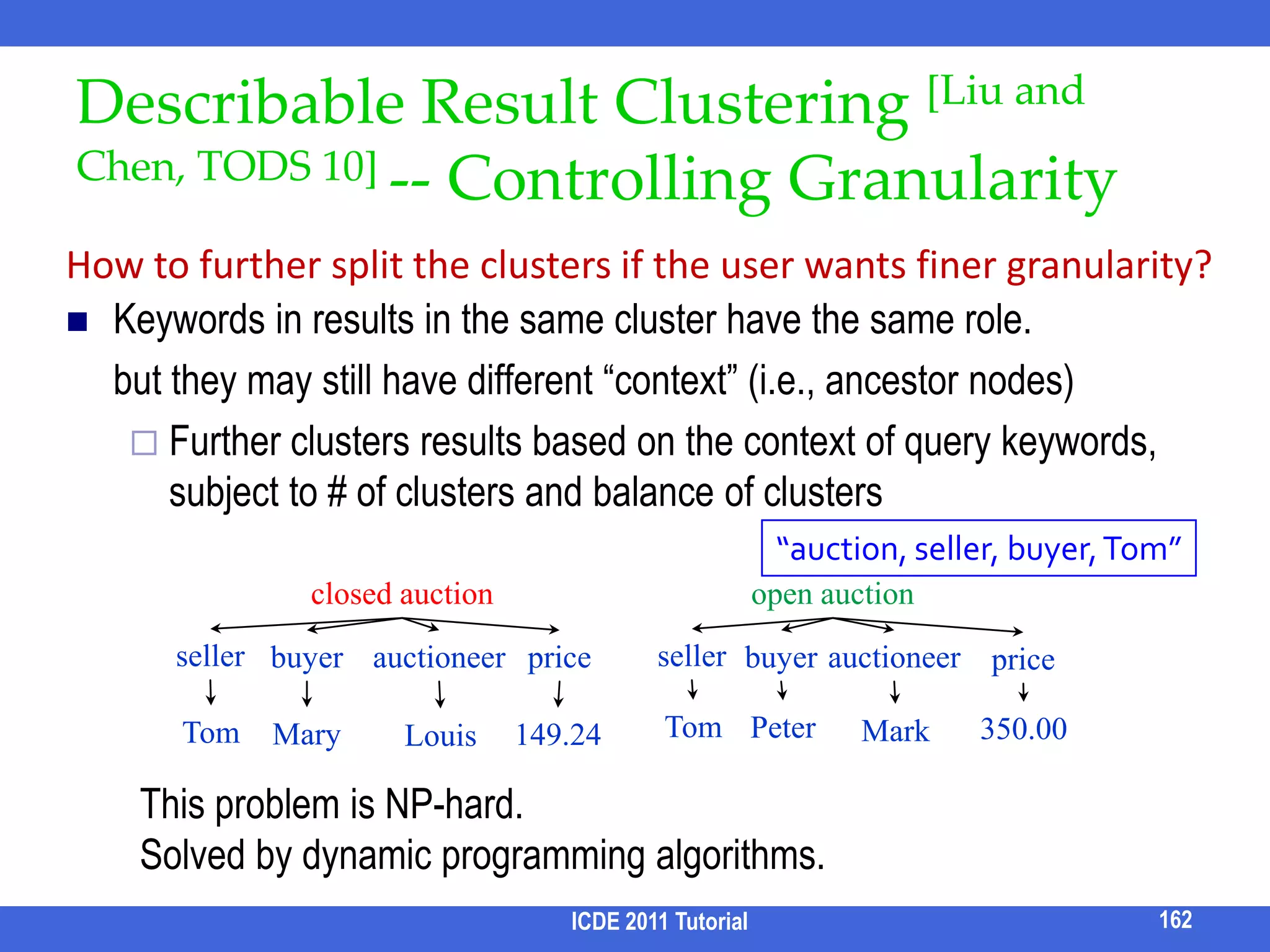 RoadmapMotivationStructural ambiguityKeyword ambiguityEvaluationQuery processingResult analysisRankingSnippetComparisonClusteringCorrelationSummarizationFuture directionsICDE 2011 Tutorial146