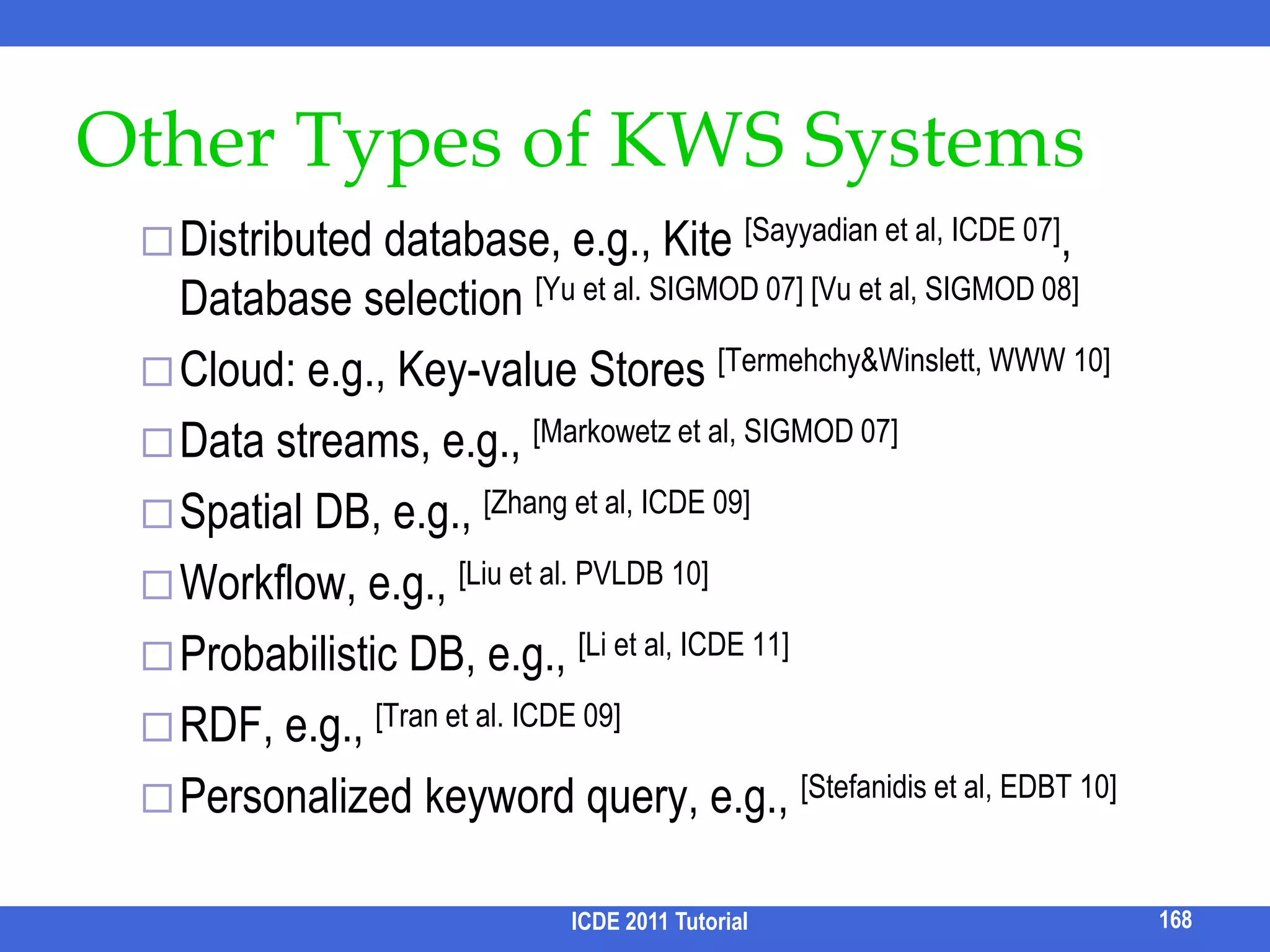Desiderata of Selected Feature SetConcise: user-specified upper boundGood Summary: features that do not summarize the results show useless & misleading differences.Feature sets should maximize the Degree of Differentiation (DoD).This conference has only a few “network” papersDoD = 2152ICDE 2011 Tutorial