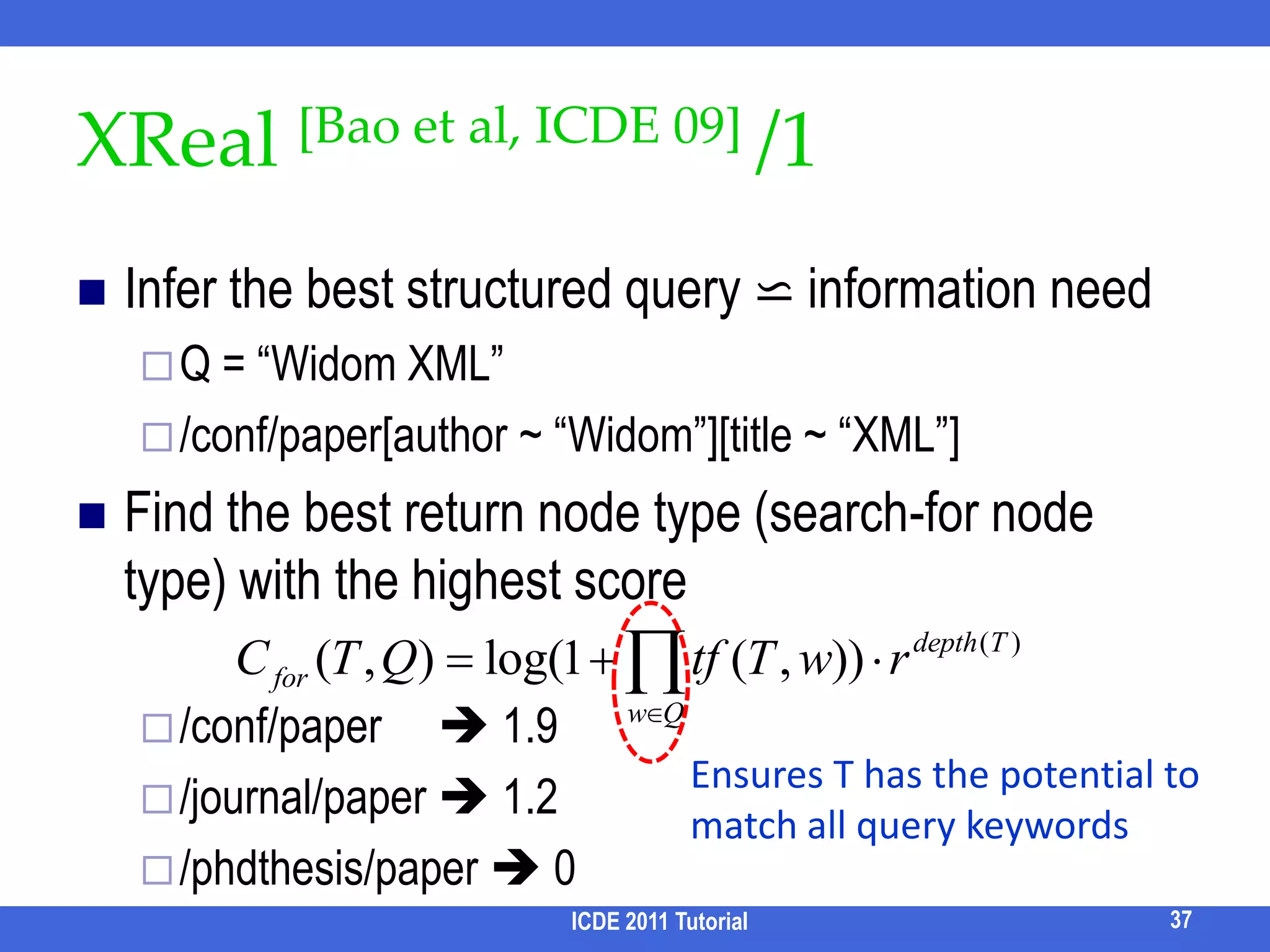 Results as Treesk1a567bGroup Steiner Tree [Li et al, WWW01]The smallest tree that connects an instance of each keywordtop-1 GST = top-1 STNP-hard       Tractable for fixed l23k2cdk3ICDE 2011 Tutorial10e1110a576b1M1123cde1M1M1MGSTSTk1k2k3k1k1aa30567bk2k3k2k323cdcda (c, d):        13a (b(c, d)):    1030