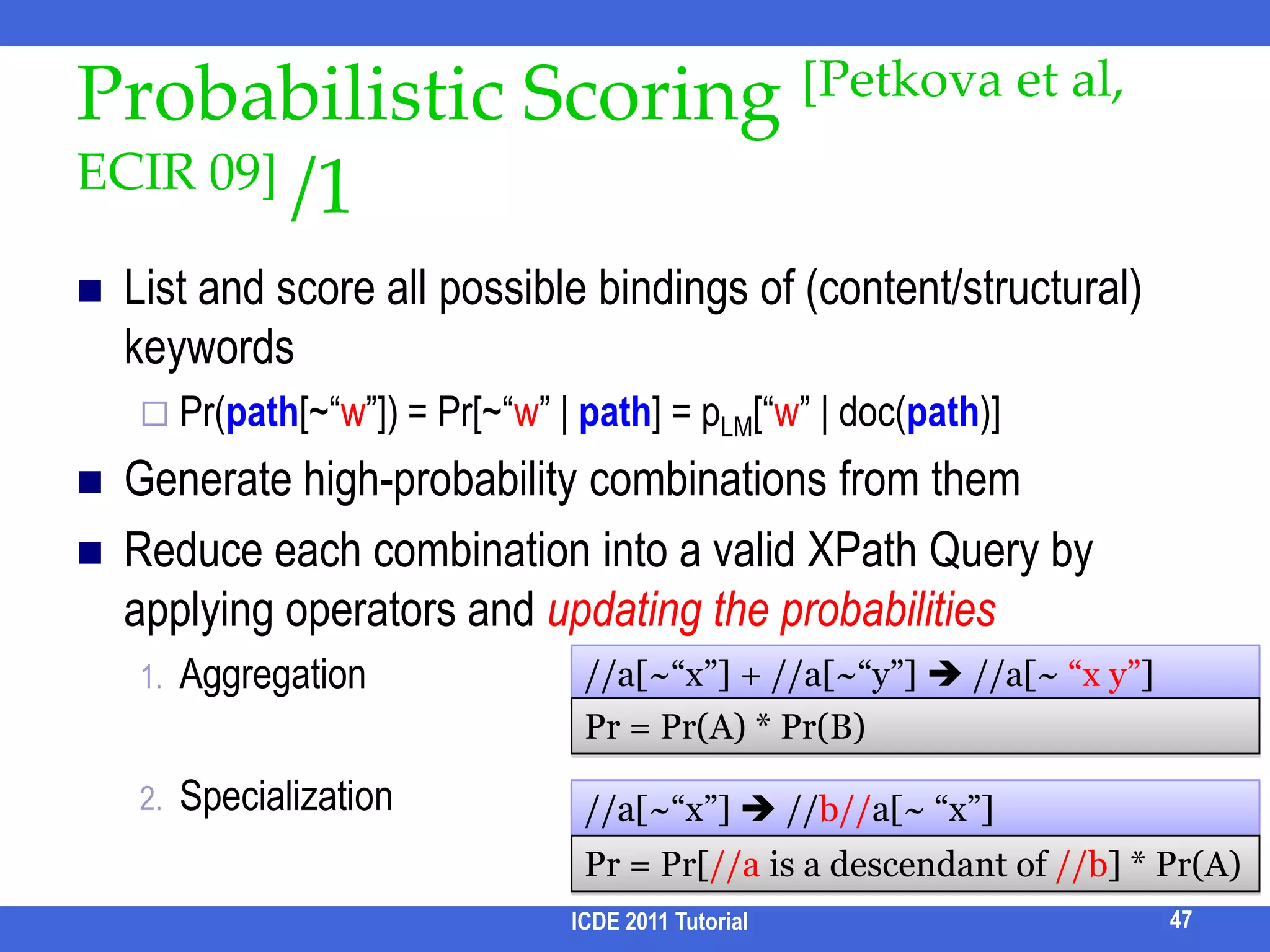 Entire StructureTwo candidate structures under /conf/paper/conf/paper[title ~ “XML”][editor ~ “Widom”]/conf/paper[title ~ “XML”][author ~ “Widom”]Need to score the entire structure (query template)/conf/paper[title ~ ?][editor ~ ?]/conf/paper[title ~ ?][author ~ ?]ICDE 2011 Tutorial39confpaper…paperpaperpapertitleeditorauthortitleeditor…authoreditorauthortitletitleMarkWidomXMLXMLWidomWhang