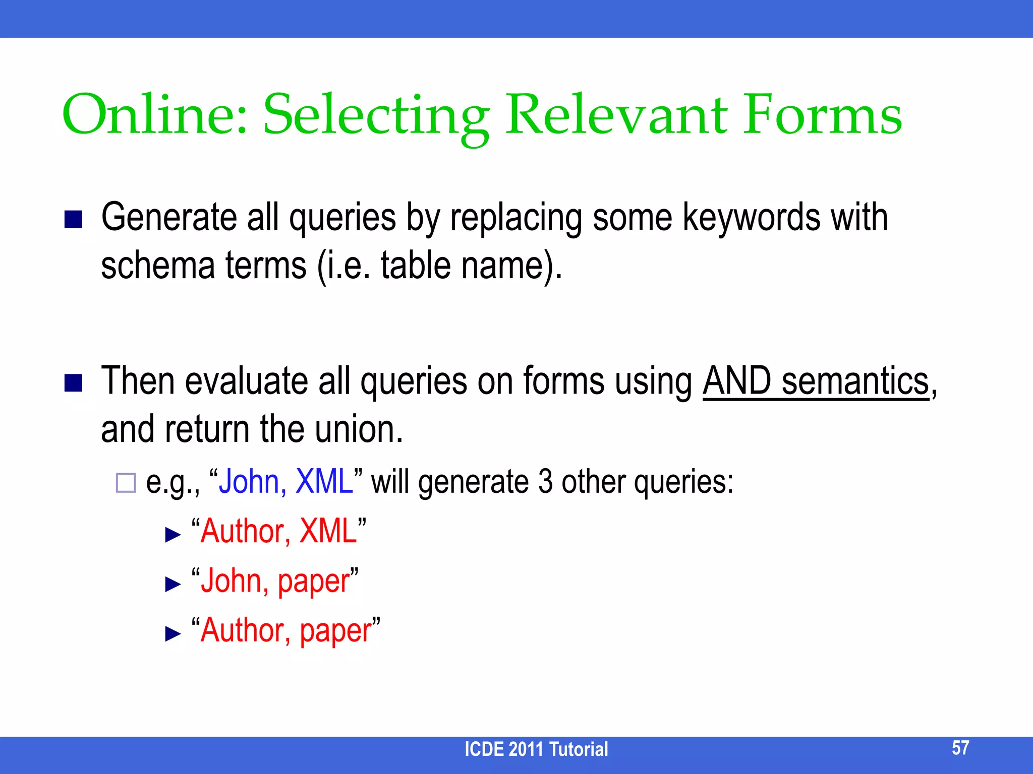SummaryTraditional methods: list and explore all possibilitiesNew trend: focus on the most promising oneExploit data statistics!AlternativesMethod based on ranking/scoring data subgraph (i.e., result instances)ICDE 2011 Tutorial49