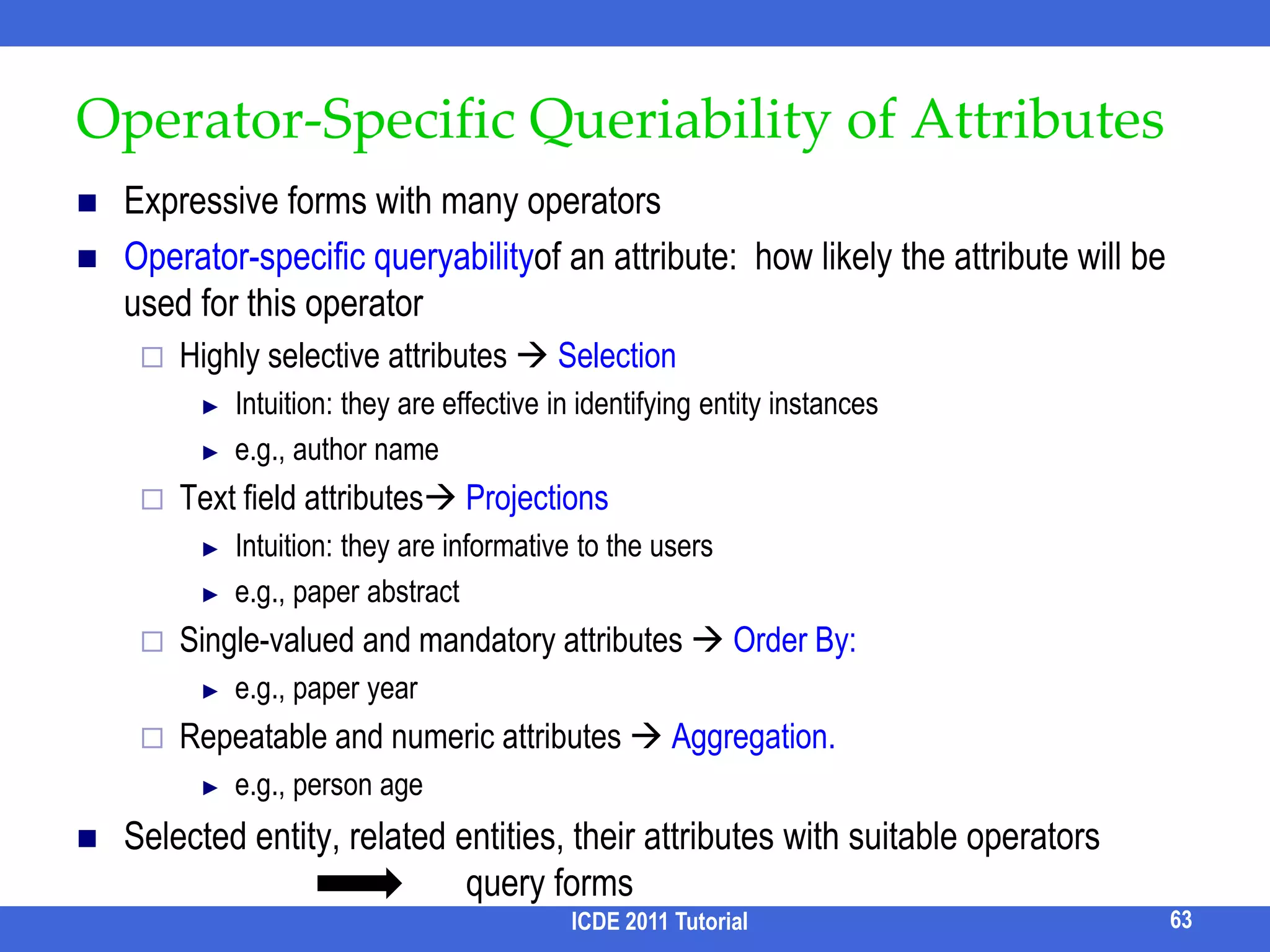 Challenges and Problem DefinitionChallengesHow to obtain query forms?How many query forms to be generated? Fewer Forms - Only a limited set of queries can be posed. More Forms – Which one is relevant?Problem definitionICDE 2011 Tutorial55OFFLINEInput: Database Schema