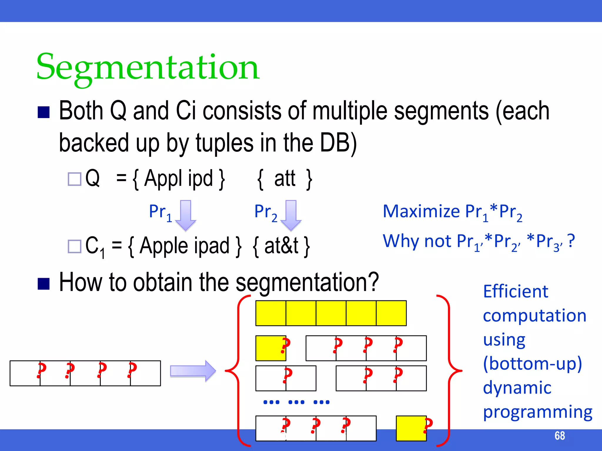 Online: Form Ranking and GroupingForms are ranked based on typical IR ranking metrics for documents (Lucene Index)Since many forms are similar, similar forms are grouped. Two level form grouping:First, group forms with the same skeleton templates.e.g., group 1: author-paper; group 2: co-author, etc.Second, further split each group based on query classes (SELECT, AGGR, GROUP, UNION-INTERSECT)e.g., group 1.1: author-paper-AVG; group 1.2: author-paper-INTERSECT, etc.ICDE 2011 Tutorial58