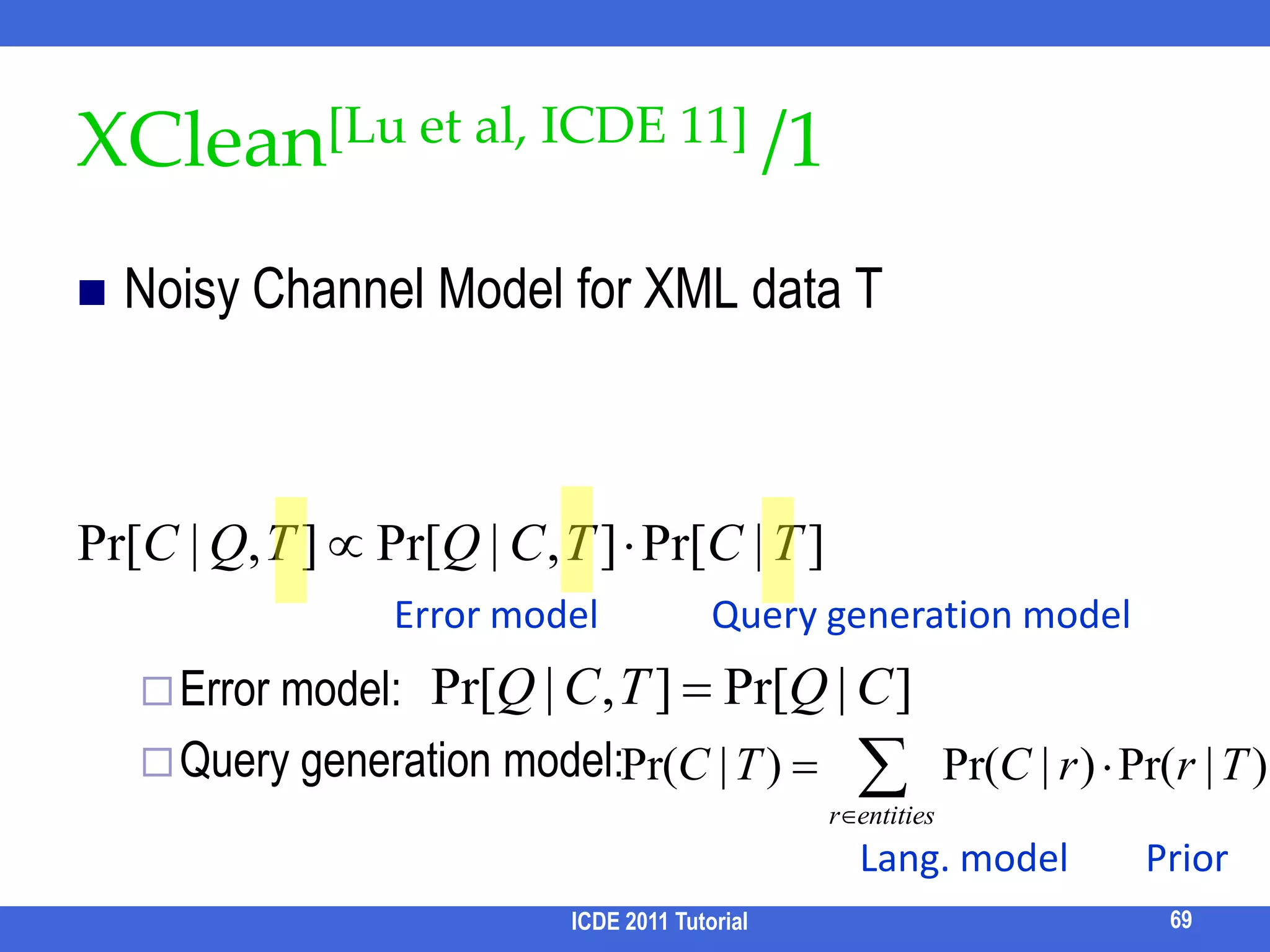 Generating Query Forms [Jayapandian and Jagadish PVLDB08]Motivation:How to generate “good” forms?	i.e. forms that cover many queriesWhat if query log is unavailable?How to generate “expressive” forms?	i.e. beyond joins and selectionsProblem definitionInput: database, schema/ER diagramOutput: query forms that maximally cover queries with size constraintsChallenge:How to select entities in the schema to compose a query form?How to select attributes?How to determine input (predicates) and output (return nodes)?ICDE 2011 Tutorial59