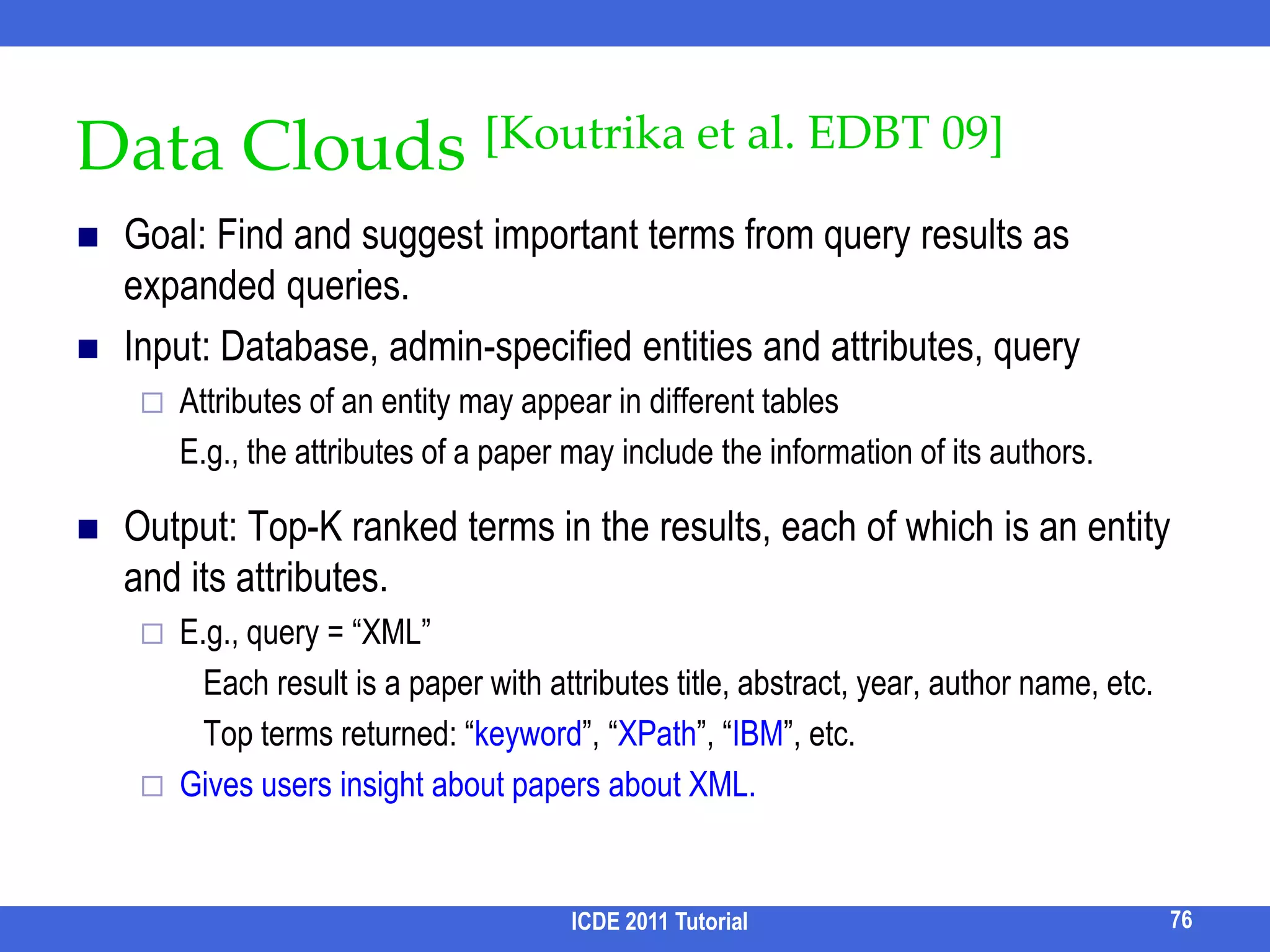 Spelling CorrectionNoisy Channel ModelICDE 2011 Tutorial66Intended Query (C) Observed Query (Q) Noisy channelC1 = ipadQ = ipdVariants(k1)C2 = ipodQuery generation (prior)Error model