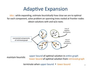 Adap(ve	
  Expansion	
  	
  
idea	
  :	
  while	
  expanding,	
  es(mate	
  heurisHcally	
  how	
  close	
  we	
  are	
  to	
  op(mal	
  
for	
  each	
  component,	
  solve	
  problem	
  on	
  spanning	
  trees	
  rooted	
  at	
  fron(er	
  nodes	
  
obtain	
  solu(ons	
  with	
  and	
  w/o	
  roots	
  
maintain	
  heuris(c	
  
upper	
  bound	
  of	
  op(mal	
  solu(on	
  in	
  en(re	
  graph	
  
lower	
  bound	
  of	
  op(mal	
  solu(on	
  from	
  retrieved	
  graph	
  
terminate	
  when	
  upper	
  bound	
  	
  ≅	
  	
  lower	
  bound	
  	
   18	
  
connected	
  components	
  
of	
  retrieved	
  graph	
   tree	
  of	
  
posi(ve	
  
discrepancy	
  
tree	
  of	
  
nega(ve	
  
discrepancy	
  
 