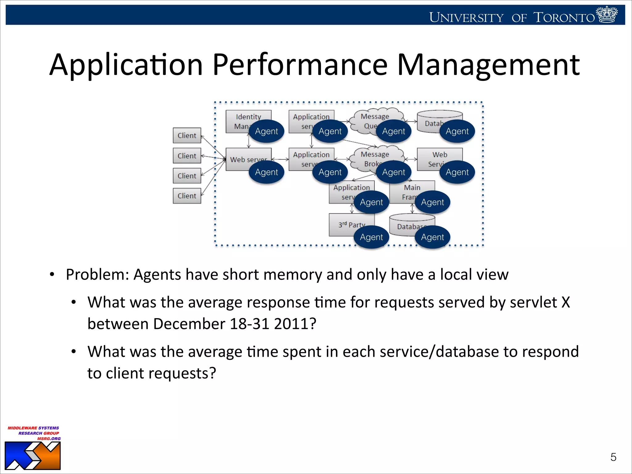 UNIVERSITY OF TORONTO
UNIVERSITY OF
TORONTO
Fighting back:
Using observability tools to improve
the DBMS (not just diagnose it)
Ryan Johnson
MIDDLEWARE SYSTEMS
RESEARCH GROUP
MSRG.ORG
ApplicaHon	
  Performance	
  Management
• Problem:	
  Agents	
  have	
  short	
  memory	
  and	
  only	
  have	
  a	
  local	
  view	
  
• What	
  was	
  the	
  average	
  response	
  Hme	
  for	
  requests	
  served	
  by	
  servlet	
  X	
  
between	
  December	
  18-­‐31	
  2011?	
  
• What	
  was	
  the	
  average	
  Hme	
  spent	
  in	
  each	
  service/database	
  to	
  respond	
  
to	
  client	
  requests?
!5
Agent
Agent
Agent
Agent
Agent Agent
AgentAgent
Agent
Agent
Agent
Agent
 