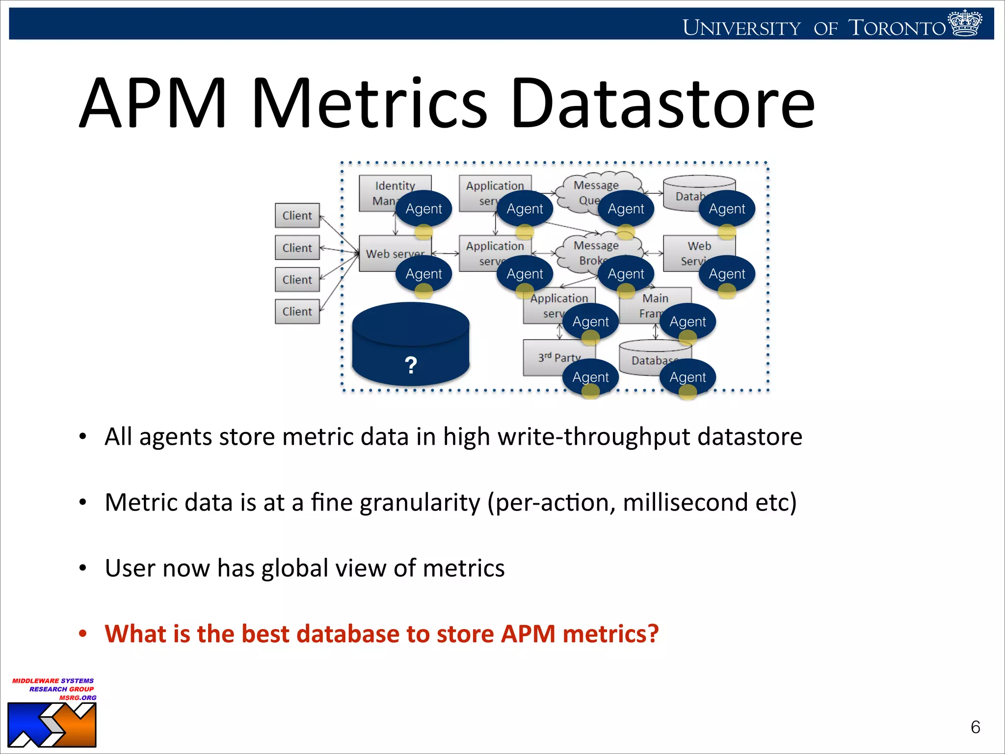 UNIVERSITY OF TORONTO
UNIVERSITY OF
TORONTO
Fighting back:
Using observability tools to improve
the DBMS (not just diagnose it)
Ryan Johnson
MIDDLEWARE SYSTEMS
RESEARCH GROUP
MSRG.ORG
APM	
  Metrics	
  Datastore
• All	
  agents	
  store	
  metric	
  data	
  in	
  high	
  write-­‐throughput	
  datastore	
  
• Metric	
  data	
  is	
  at	
  a	
  ﬁne	
  granularity	
  (per-­‐acHon,	
  millisecond	
  etc)	
  
• User	
  now	
  has	
  global	
  view	
  of	
  metrics	
  
• What	
  is	
  the	
  best	
  database	
  to	
  store	
  APM	
  metrics?
!6
Agent
Agent
Agent
Agent
Agent Agent
AgentAgent
Agent
Agent
Agent
Agent
?
 
