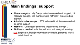 Main findings: support
● Line managers: only 7 respondents received real support, 13
received support, line managers did nothing; 11 received no
support
● Administrative support: 88% indicated that they received all
or some support
● Mentors: “One needs someone to guide one through”.
● Guidance needed: self-directedness; autonomy of learning
surprise! Although information available, preferred to ask
administrators
 