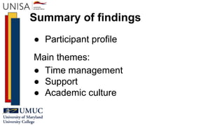 Summary of findings
● Participant profile
Main themes:
● Time management
● Support
● Academic culture
 