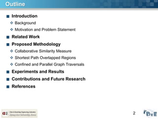 2
Outline
■ Introduction
 Background
 Motivation and Problem Statement
■ Related Work
■ Proposed Methodology
 Collaborative Similarity Measure
 Shortest Path Overlapped Regions
 Confined and Parallel Graph Traversals
■ Experiments and Results
■ Contributions and Future Research
■ References
 