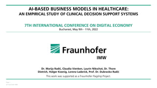 © Fraunhofer IMW
Page 1
AI-BASED BUSINESS MODELS IN HEALTHCARE:
AN EMPIRICAL STUDY OF CLINICAL DECISION SUPPORT SYSTEMS
Bucharest, May 9th - 11th, 2022
7TH INTERNATIONAL CONFERENCE ON DIGITAL ECONOMY
This work was supported as a Fraunhofer Flagship Project.
Dr. Marija Radić, Claudia Vienken, Laurin Nikschat, Dr. Thore
Dietrich, Holger Koenig, Lorenz Laderick, Prof. Dr. Dubravko Radić
 
