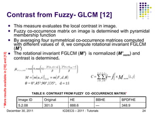 Contrast from Fuzzy- GLCM [12] This measure evaluates the local contrast in image. Fuzzy co-occurrence matrix on image is determined with pyramidal membership function By averaging four symmetrical co-occurrence matrices computed with different values of  θ , we compute rotational invariant FGLCM ( M’ ) The rotational invariant FGLCM ( M’ )  is normalized ( M’ norm ) and contrast is determined . TABLE II: CONTRAST FROM FUZZY  CO -OCCURRENCE MATRIX *   * More results available in [10] and [13] 301.0 Original 348.9 --- 888.6 5.2.08 BPDFHE BBHE HE Image ID 