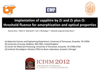 Implantation of sapphire by Zr and Zr plus O:
threshold fluence for amorphization and optical properties
   Younes Sina a, Peter D. Townsend b, Carl J. McHargue a,c, Edvardo Jorge da Costa Alves d




(a) Materials Science and Engineering Department, University of Tennessee, Knoxville, TN 37996
(b) University of Sussex, Brighton, BN1 9QH, United Kingdom
(c) Center for Materials Processing, University of Tennessee, Knoxville, TN 37996-0750
(d) Instituto Tecnológico e Nuclear (ITN) Ion Beam Laboratory, Sacavém, Portugal
 