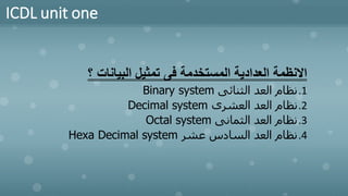 ICDL unit one
‫؟‬ ‫البيانات‬ ‫تمثيل‬ ‫فى‬ ‫المستخدمة‬ ‫العدادية‬ ‫االنظمة‬
.1
‫الثنائى‬ ‫العد‬ ‫نظام‬
Binary system
.2
‫العشرى‬ ‫العد‬ ‫نظام‬
Decimal system
.3
‫الثمانى‬ ‫العد‬ ‫نظام‬
Octal system
.4
‫عشر‬ ‫السادس‬ ‫العد‬ ‫نظام‬
Hexa Decimal system
 