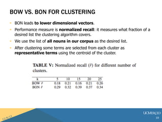 BOW VS. BON FOR CLUSTERING 
? BON leads to lower dimensional vectors. 
? Performance measure is normalized recall: it measures what fraction of a 
desired list the clustering algorithm covers. 
? We use the list of all nouns in our corpus as the desired list. 
? After clustering some terms are selected from each cluster as 
representative terms using the centroid of the cluster. 
19 
 