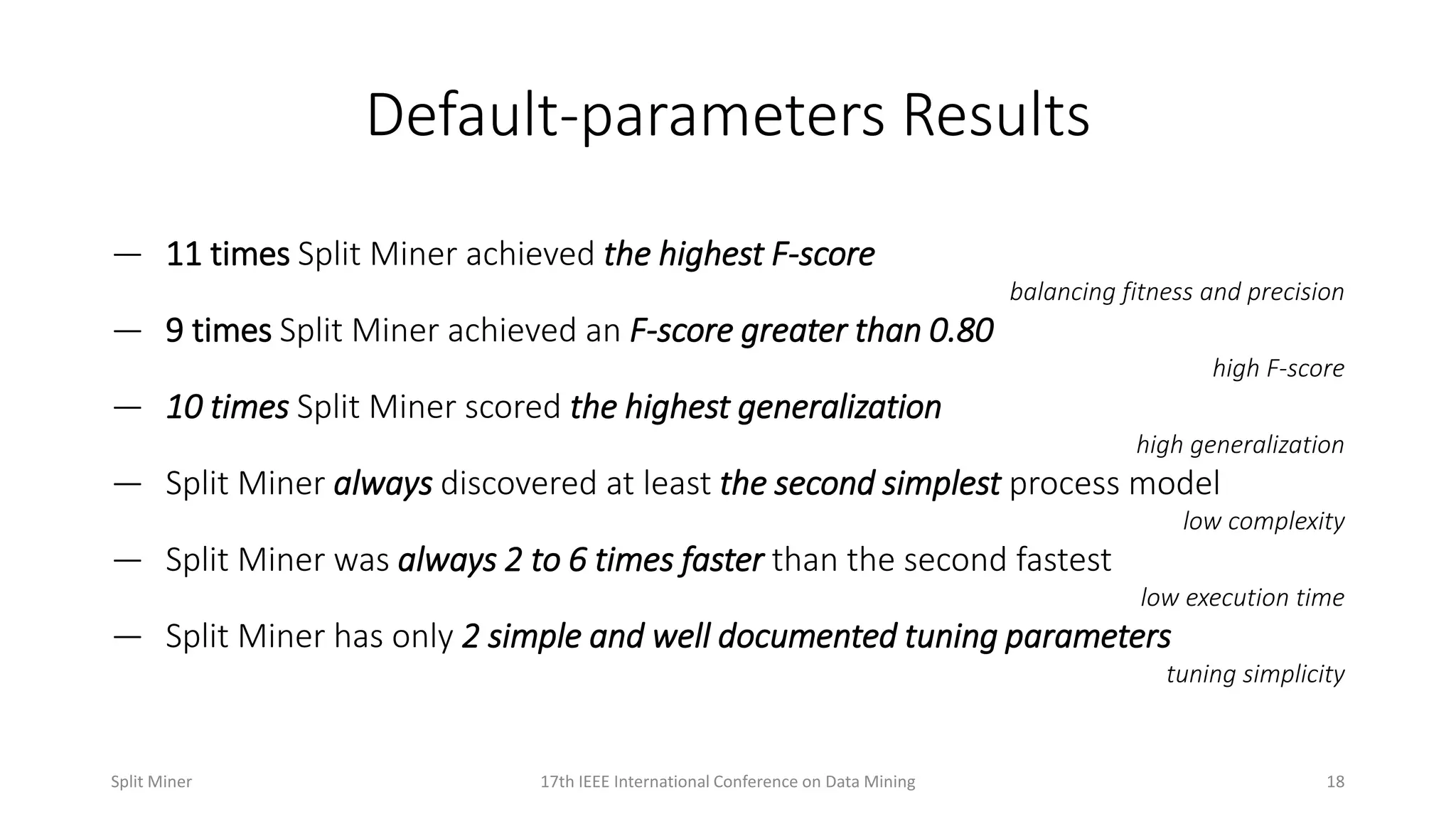 Default-parameters Results
— 11 times Split Miner achieved the highest F-score
balancing fitness and precision
— 9 times Split Miner achieved an F-score greater than 0.80
high F-score
— 10 times Split Miner scored the highest generalization
high generalization
— Split Miner always discovered at least the second simplest process model
low complexity
— Split Miner was always 2 to 6 times faster than the second fastest
low execution time
— Split Miner has only 2 simple and well documented tuning parameters
tuning simplicity
1817th IEEE International Conference on Data MiningSplit Miner
 