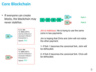 8
Core Blockchain
5
5
• If everyone can create
blocks, the blockchain may
never stabilize.
Fork 1
Fork 2
4321
From: Jim
To...
