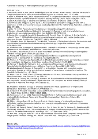 Published on Society of Radiographers (https://www.sor.org)
2002;83:33–54.
3. Brooks N, Norell M, Hal, J et al. Working group of the British Cardiac Society. National variations in
the provision of cardiac services in the United Kingdom. Br J Cardiol 2005; 12:192-198.
4. Boon N, Norell M, Hall J, et al. National variations in the provision of cardiac services in the United
Kingdom: second report for the British Cardiac Society Working Group. Heart 2006;92:873-878.
5. Last A. Radiotherapy in patients with cardiac pacemakers. Br J Radiol 1998;71:4–10.
6. Hurkmans CW, Knegjens JL, Oei BS et al. Management of radiation oncology patients with a
pacemaker or ICD: a new comprehensive practical guideline in The Netherlands. Radiother and Oncol
2012 24;7:198.
7. Little FA. (1994) Pacemakers in Radiotherapy. Clinical Oncology 1994;6:211-212.
8. Mouton J, Haug R, Bridier A, Dodinot B, Eschwege F. Influence of high-energy photon beam
irradiation on pacemaker operation. Phys Med Biol 2002;47:2879-2893.
9. Gauter-Fleckenstein B, Israel CW, Dorenkamp M, Dunst J, Roser M, Schimpf R, Steil V, Schafer J,
Holler U, Wenz F. DEGRO/DGK guideline for radiotherapy in patients with cardiac implantable
electronic devices. Strahlenther Onkol 2015;191(5):393-404
10. Solan AN, Solan, MJ, Bednarz G, Goodkin MB. Treatment of Patients with Cardiac Pacemakers and
Implantable Cardioverter-Defibrillators During Radiotherapy. Int J Radiat Oncol Biol Phys
2004;59:897-904.
11. Hurkmans CW, Scheepers E, Springorum BG, Uiterwall II. Influence of radiotherapy on the latest
generation of pacemakers. Radiother and Oncol 2005;76:93-98.
12. Hoecht S, Rosenthal P, Sancar D, et al. Implantable cardiac defibrillators may be damaged by
radiation therapy. J Clin Oncol 2002;20:2212-2213.
13. Niehaus M, Tebbenjohanns J. Electromagnetic interference in patients with implanted
pacemakers or cardioverter-de- fibrillators. Heart 2001;86:246.
14. Makkar A, Prisciandaro J, Agarwal S, et al. Effect of radiation therapy on permanent pacemaker
and implantable cardioverter-defibrillator function. Heart Rhythm 2012;9:1964.
15. Ferrara T, Baiotto M, Malinverni G et al. Irradiation of Pacemakers and Cardio-defibrillators in
Patients Submitted to Radiotherapy: A Clinical Experience. Tumori 2010;96:76-83.
16. Wadasadawala T, Pandey A, Agarwal JP, et al: Radiation therapy with implanted cardiac
pacemaker devices: a clinical and dosimetric analysis of patients and proposed precautions. Clin
Oncol (R Coll Radiol) 2011;23:79-85.
17. Kapa, S. et al., 2008. Effects of Scatter Radiation on ICD and CRT Function. Pacing and Clinical
Electrophysiology, June, Volume 31, pp.727-732.
18. Marbach JR, Sontag MR, Van Dyk, J, Wolbarst AB. Management of radiation oncology patients
with implanted cardiac pacemakers: report of AAPM Task Group No. 34. American Association of
Physicists in Medicine. Med Phys 1994;21(1):85–90.
19. Frizzell B. Radiation therapy in oncology patients who have a pacemaker or implantable
cardioverter-defibrillator. Comm Oncol 2009;6:469-471.
20. Gelblum D, Amols H. Implanted cardiac defibrillator care in radiation oncology patient population.
Int J Radiat Oncol Biol Phys 2009;73:1525-1531.
21. Rodriguez, F. et al., 1991. Radiation-Induced Effects in Multiprogrammable Pacemakers and
Implantable Defibrillators. Pacing and Clinical Electrophysiology, December, Volume 14,
pp.2143-2153.
22. Elders J, Kunze-Busch M, Jan Smeenk R, et al. High incidence of implantable cardioverter
defibrillator malfunctions during radiotherapy: neutrons a possible cause of soft errors. Eurospace
2013 Jan; 15(1):60-65.
23. Murphy MJ, Balter J, Balter S, BenComo JA Jr, Das IJ, Jiang SB, Ma CM, Olivera GH, Rodebaugh RF,
Ruchala KJ, Shirato H, Yin FF. The management of imaging dose during image-guided radiotherapy:
report of the AAPM Task Group 75. Med Phys. 2007 Oct;34(10):4041-4063.
24. Kan MW, Leung LH, Wong W, Lam N. Radiation dose from cone beam computed tomography for
image-guided radiation therapy. Int J Radiat Oncol Biol Phys. 2008 Jan 1;70(1):272-279.
Source URL:
https://www.sor.org/learning/document-library/management-cancer-patients-receiving-radiotherapy-
cardiac-implanted-electronic-device-clinical
Page 12 of 12
 