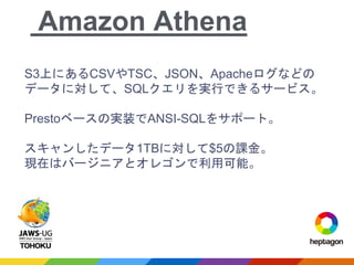 S3上にあるCSVやTSC、JSON、Apacheログなどの
データに対して、SQLクエリを実行できるサービス。
Prestoベースの実装でANSI-SQLをサポート。
スキャンしたデータ1TBに対して$5の課金。
現在はバージニアとオレゴンで利用可能。
Amazon Athena
 