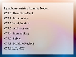 Lymphoma Arising from the Nodes:
C77.0: Head/Face/Neck
C77.1: Intrathoracic
C77.2:Intrabdominal
C77.3: Axilla or Arm
C77.4: Inguinal/Leg
C77.5: Pelvic
C77.8: Multiple Regions
C77.9:L.N. NOS
 