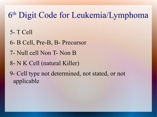 6 Digit Code for Leukemia/Lymphoma
 th


5- T Cell
6- B Cell, Pre-B, B- Precursor
7- Null cell Non T- Non B
8- N K Cell (natural Killer)
9- Cell type not determined, not stated, or not
 applicable
 