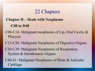 22 Chapters
Chapter II – Deals with Neoplasms
   C00 to D48
C00-C14: Malignant neoplasms of Lip, Oral Cavity &
 Pharynx
C15-C26: Malignant Neoplasms of Digestive Organs
C30-C39: Malignant Neoplasms of Respiratory
 System & Intrathoracic Organs
C40-41: Malignant Neoplasms of Bone & Articular
 Cartilage
 