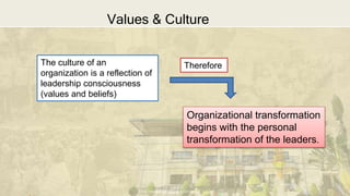 DEPARTMENT OF EDUCATION
Values & Culture
The culture of an
organization is a reflection of
leadership consciousness
(values and beliefs)
Organizational transformation
begins with the personal
transformation of the leaders.
Therefore
 