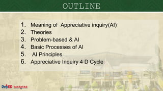 DEPARTMENT OF EDUCATION
OUTLINE
1. Meaning of Appreciative inquiry(AI)
2. Theories
3. Problem-based & AI
4. Basic Processes of AI
5. AI Principles
6. Appreciative Inquiry 4 D Cycle
 