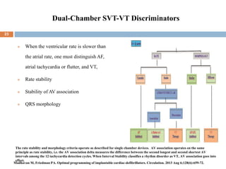 Dual-Chamber SVT-VT Discriminators
 When the ventricular rate is slower than
the atrial rate, one must distinguish AF,
atrial tachycardia or flutter, and VT,
 Rate stability
 Stability of AV association
 QRS morphology
The rate stability and morphology criteria operate as described for single chamber devices. AV association operates on the same
principle as rate stability, i.e. the AV association delta measures the difference between the second longest and second shortest AV
intervals among the 12 tachycardia detection cycles. When Interval Stability classifies a rhythm disorder as VT, AV association goes into
effect.
23
Madhavan M, Friedman PA. Optimal programming of implantable cardiac-defibrillators. Circulation. 2013 Aug 6;128(6):659-72.
 