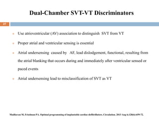 Dual-Chamber SVT-VT Discriminators
 Use atrioventricular (AV) association to distinguish SVT from VT
 Proper atrial and ventricular sensing is essential
 Atrial undersensing caused by AF, lead dislodgement, functional, resulting from
the atrial blanking that occurs during and immediately after ventricular sensed or
paced events
 Atrial undersensing lead to misclassification of SVT as VT
27
Madhavan M, Friedman PA. Optimal programming of implantable cardiac-defibrillators. Circulation. 2013 Aug 6;128(6):659-72.
 