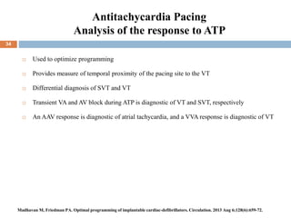 Antitachycardia Pacing
Analysis of the response to ATP
 Used to optimize programming
 Provides measure of temporal proximity of the pacing site to the VT
 Differential diagnosis of SVT and VT
 Transient VA and AV block during ATP is diagnostic of VT and SVT, respectively
 An AAV response is diagnostic of atrial tachycardia, and a VVA response is diagnostic of VT
34
Madhavan M, Friedman PA. Optimal programming of implantable cardiac-defibrillators. Circulation. 2013 Aug 6;128(6):659-72.
 