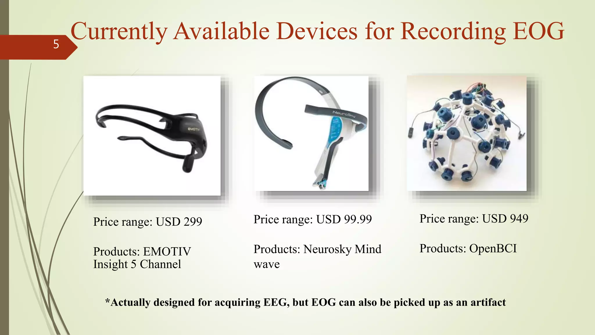 5
Currently Available Devices for Recording EOG
Price range: USD 299
Products: EMOTIV
Insight 5 Channel
Price range: USD 99.99
Products: Neurosky Mind
wave
Price range: USD 949
Products: OpenBCI
*Actually designed for acquiring EEG, but EOG can also be picked up as an artifact
 