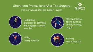 Short-term Precautions After The Surgery
Performing
exercises or activities
that engage shoulder
muscles
For four-weeks after the surgery, avoid:
Lifting
heavy weights
Playing
contact sports
Playing intense
sports such as
tennis, bowling,
or golf
 