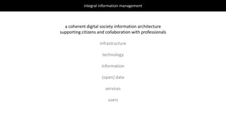 integral information management
a coherent digital society information architecture
supporting citizens and collaboration with professionals
infrastructure
technology
information
(open) data
services
users
 