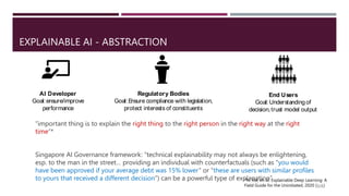 EXPLAINABLE AI - ABSTRACTION
“important thing is to explain the right thing to the right person in the right way at the right
time”*
Singapore AI Governance framework: “technical explainability may not always be enlightening,
esp. to the man in the street… providing an individual with counterfactuals (such as “you would
have been approved if your average debt was 15% lower” or “these are users with similar profiles
to yours that received a different decision”) can be a powerful type of explanation”
*N. Xie, et. al. Explainable Deep Learning: A
Field Guide for the Uninitiated, 2020 (link)
AI Developer
Goal:ensure/improve
performance
Regulatory Bodies
Goal:Ensure compliance with legislation,
protect interests of constituents
End Users
Goal:Understanding of
decision,trust model output
 