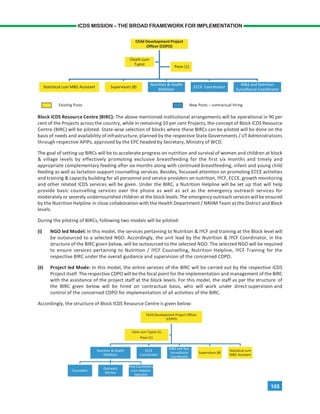105
ICDS MISSION – THE BROAD FRAMEWORK FOR IMPLEMENTATION
Block ICDS Resource Centre (BIRC): The above mentioned institutional arrangements will be operational in 90 per
cent of the Projects across the country, while in remaining 10 per cent Projects, the concept of Block ICDS Resource
Centre (BIRC) will be piloted. State-wise selection of blocks where these BIRCs can be piloted will be done on the
basis of needs and availability of infrastructure, planned by the respective State Governments / UTAdministrations
through respective APIPs, approved by the EPC headed by Secretary, Ministry of WCD.
The goal of setting up BIRCs will be to accelerate progress on nutrition and survival of women and children at block
& village levels by effectively promoting exclusive breastfeeding for the first six months and timely and
appropriate complementary feeding after six months along with continued breastfeeding, infant and young child
feeding as well as lactation support counselling services. Besides, focussed attention on promoting ECCE activities
and training & capacity building for all personnel and service providers on nutrition, IYCF, ECCE, growth monitoring
and other related ICDS services will be given. Under the BIRC, a Nutrition Helpline will be set up that will help
provide basic counselling services over the phone as well as act as the emergency outreach services for
moderately or severely undernourished children at the block levels. The emergency outreach serviceswillbe ensured
by the Nutrition Helpline in close collaboration with the Health Department / NRHM Team at the District and Block
levels.
During the piloting of BIRCs, following two models will be piloted:
(i) NGO led Model: In this model, the services pertaining to Nutrition & IYCF and training at the Block level will
be outsourced to a selected NGO. Accordingly, the unit lead by the Nutrition & IYCF Coordinator, in the
structure of the BIRC given below, will be outsourced to the selected NGO. The selected NGO will be required
to ensure services pertaining to Nutrition / IYCF Counselling, Nutrition Helpline, IYCF Training for the
respective BIRC under the overall guidance and supervision of the concerned CDPO.
(ii) Project led Mode: In this model, the entire services of the BIRC will be carried out by the respective ICDS
Project itself. The respective CDPO will be the focal point for the implementation and management of the BIRC
with the assistance of the project staff at the block levels. For this model, the staff as per the structure of
the BIRC given below will be hired on contractual basis, who will work under direct supervision and
control of the concerned CDPO for implementation of all activities of the BIRC.
Accordingly, the structure of Block ICDS Resource Centre is given below:
 